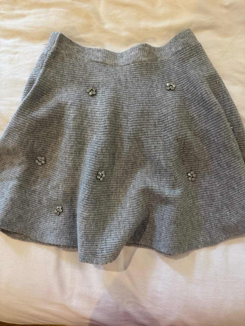 Grey Knit A-Line Skirt with Embellished Flowers